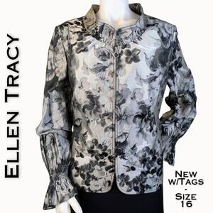 Ellen Tracy Blazer 16 Black Gray Floral Ruffled Event Evening Cottagecore NEW